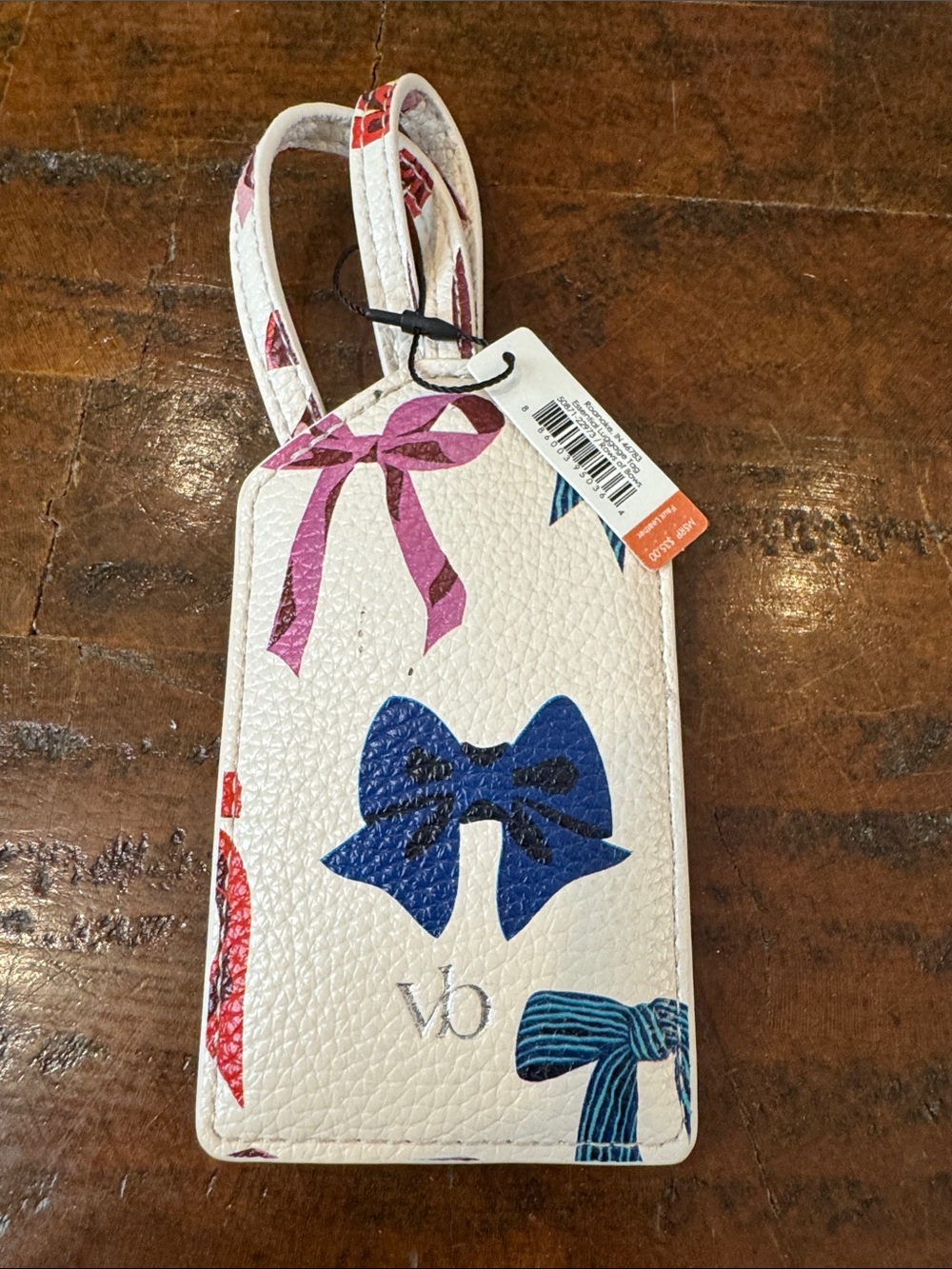 Vera Bradley White Bow Print Luggage Tag with Blue & Pink Bows on